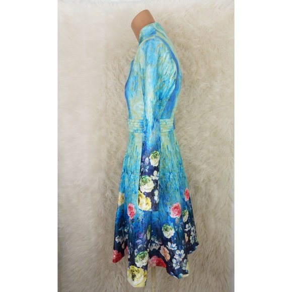 Susongeth Womens Sz Large Dress Long Sleeve Rose Watercolor Fitted Waist Rare L - Picture 4 of 7